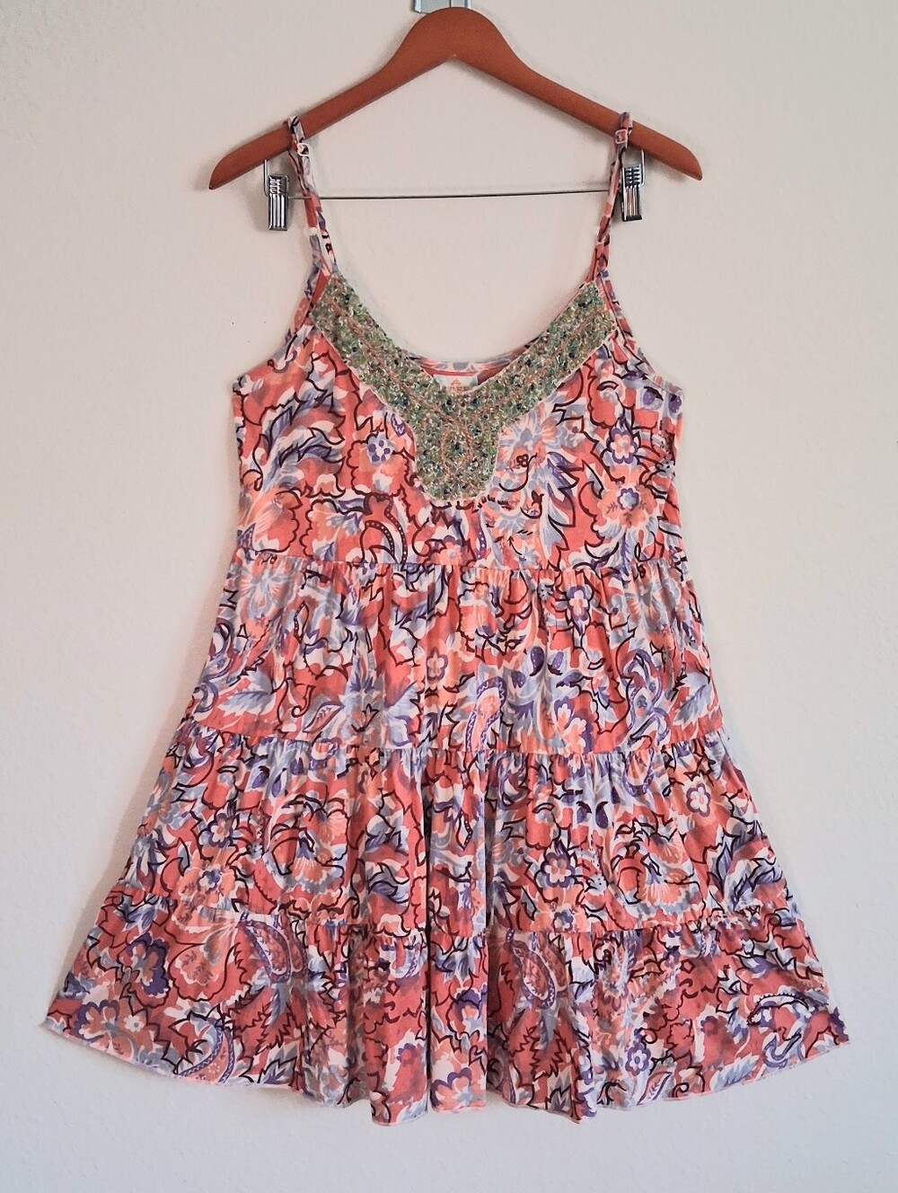 Free People Coral Floral Tiered Sundress with Beaded Yoke